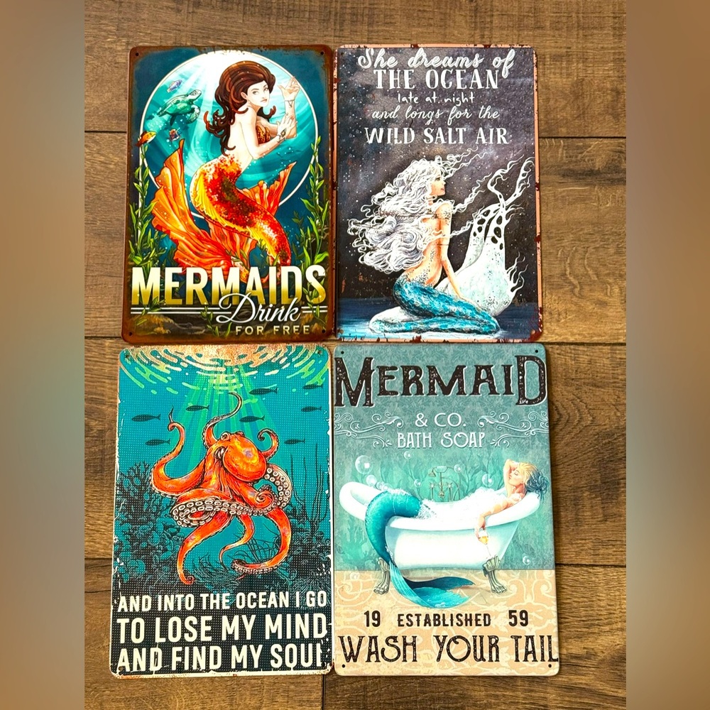 Set of 4 Tin Signs 8 x 12 Mermaid Theme